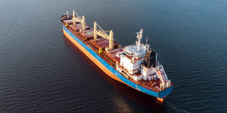 Drone view of large cargo bulk carrier ship 